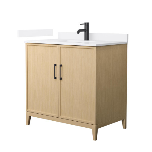 Wyndham Elan 36 Inch Single Bathroom Vanity in White Oak, White Quartz Countertop, Undermount Square Sink (1-Hole), Matte Black Trim - WCH717136SHBWQUNSMXX Wyndham Elan 36 Inch Single Bathroom Vanity in White Oak, White Quartz Countertop, Undermount Square Sink (1-Hole), Matte Black Trim - WCH717136SHBWQUNSMXX