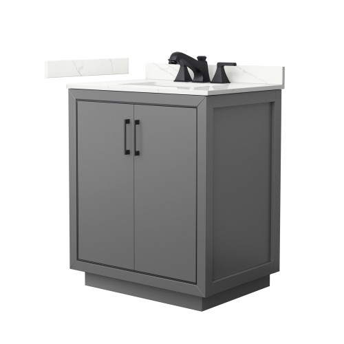 Wyndham Icon 30 Inch Single Bathroom Vanity in Dark Gray, Giotto Quartz Countertop, Undermount Square Sink (3-Hole), Matte Black Trim - WCF111130SGBGTUS3MXX