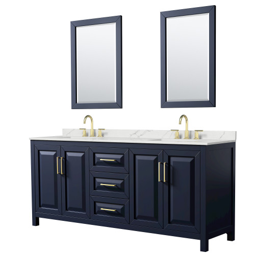 Wyndham Daria 80 Inch Double Bathroom Vanity in Dark Blue, Giotto Quartz Countertop, Undermount Square Sinks (3-Hole), Brushed Gold Trim, 24 Inch Mirrors - WCV252580DBLGTUS3M24