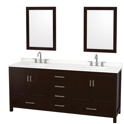 Wyndham Sheffield 80 Inch Double Bathroom Vanity in Espresso, White Quartz Countertop, Undermount Square Sinks (3-Hole), Brushed Chrome Trim, 24 Inch Mirrors - WCS141480DESWQUS3M24