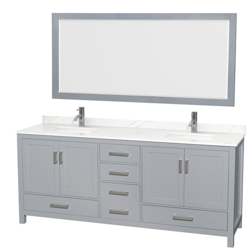 Wyndham Sheffield 80 Inch Double Bathroom Vanity in Gray, Giotto Quartz Countertop, Undermount Square Sinks (1-Hole), Brushed Chrome Trim, 70 Inch Mirror - WCS141480DGYGTUNSM70