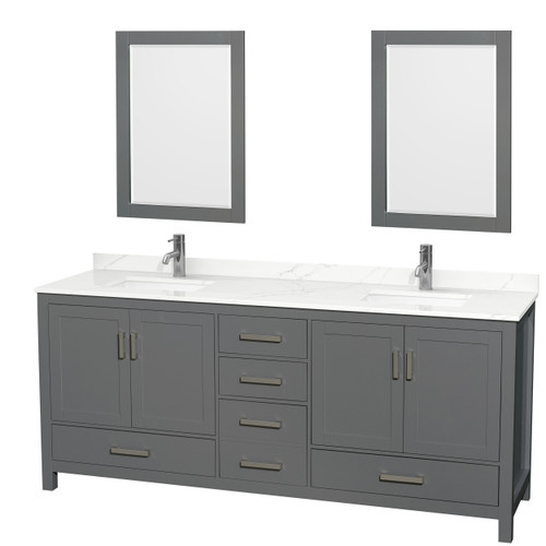 Wyndham Sheffield 80 Inch Double Bathroom Vanity in Dark Gray, Giotto Quartz Countertop, Undermount Square Sinks (1-Hole), Brushed Chrome Trim, 24 Inch Mirrors - WCS141480DKGGTUNSM24