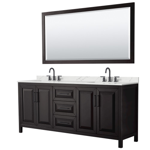Wyndham Daria 80 Inch Double Bathroom Vanity in Dark Espresso, Giotto Quartz Countertop, Undermount Square Sinks (3-Hole), Matte Black Trim, 70 Inch Mirror - WCV252580DEBGTUS3M70
