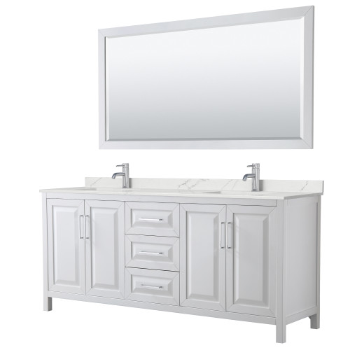 Wyndham Daria 80 Inch Double Bathroom Vanity in White, Giotto Quartz Countertop, Undermount Square Sinks (1-Hole), Polished Chrome Trim, 70 Inch Mirror - WCV252580DWHGTUNSM70
