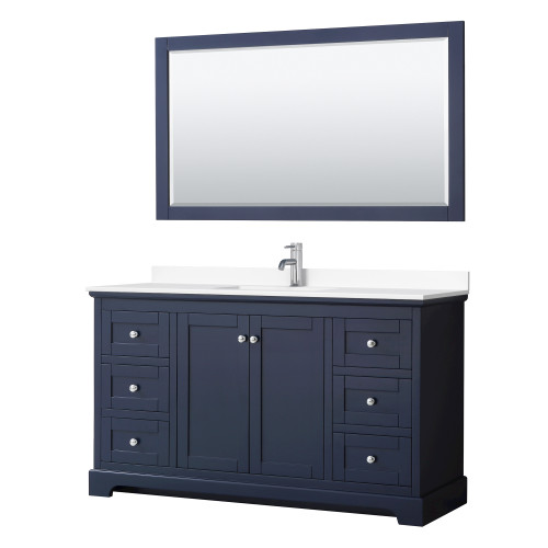 Wyndham Avery 60 Inch Single Bathroom Vanity in Dark Blue, White Cultured Marble Countertop, Undermount Square Sink, Polished Chrome Trim, 58 Inch Mirror - WCV232360SBCWCUNSM58