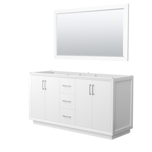 Wyndham Strada 66 Inch Double Bathroom Vanity in White, No Countertop, No Sink, Brushed Nickel Trim, 58 Inch Mirror - WCF414166DWHCXSXXM58