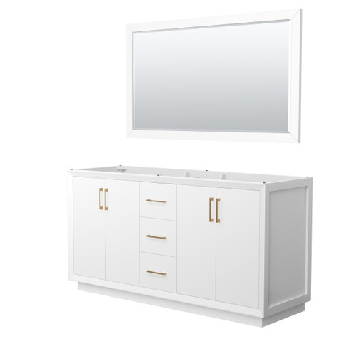 Wyndham Strada 66 Inch Double Bathroom Vanity in White, No Countertop, No Sink, Satin Bronze Trim, 58 Inch Mirror - WCF414166DWZCXSXXM58