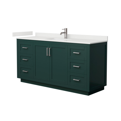 Wyndham Miranda 66 Inch Single Bathroom Vanity in Green, White Quartz Countertop, Undermount Square Sink (1-Hole), Brushed Nickel Trim - WCF292966SGEWQUNSMXX Wyndham Miranda 66 Inch Single Bathroom Vanity in Green, White Quartz Countertop, Undermount Square Sink (1-Hole), Brushed Nickel Trim - WCF292966SGEWQUNSMXX