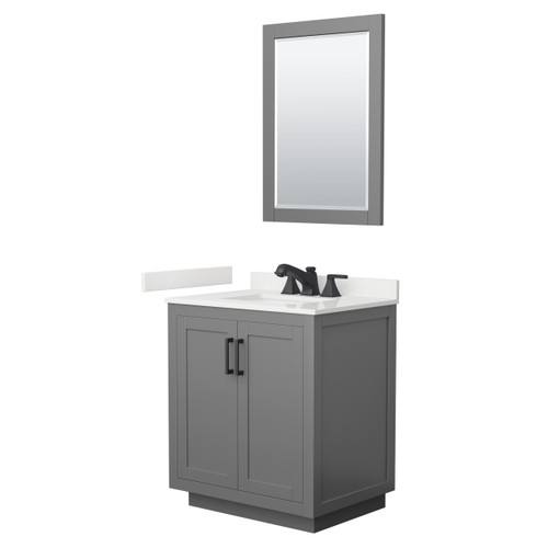 Wyndham Miranda 30 Inch Single Bathroom Vanity in Dark Gray, White Quartz Countertop, Undermount Square Sink (3-Hole), Matte Black Trim, 24 Inch Mirror - WCF292930SGBWQUS3M24 Wyndham Miranda 30 Inch Single Bathroom Vanity in Dark Gray, White Quartz Countertop, Undermount Square Sink (3-Hole), Matte Black Trim, 24 Inch Mirror - WCF292930SGBWQUS3M24