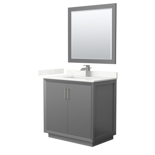 Wyndham Strada 36 Inch Single Bathroom Vanity in Dark Gray, Giotto Quartz Countertop, Undermount Square Sink (1-Hole), Brushed Nickel Trim, 34 Inch Mirror - WCF414136SKGGTUNSM34