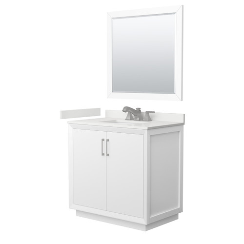 Wyndham Strada 36 Inch Single Bathroom Vanity in White, White Quartz Countertop, Undermount Square Sink (3-Hole), Brushed Nickel Trim, 34 Inch Mirror - WCF414136SWHWQUS3M34