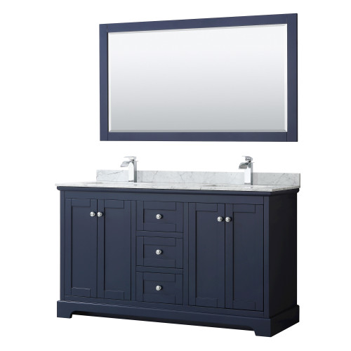Wyndham Avery 60 Inch Double Bathroom Vanity in Dark Blue, White Carrara Marble Countertop, Undermount Square Sinks, Polished Chrome Trim, 58 Inch Mirror - WCV232360DBCCMUNSM58