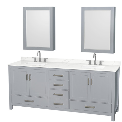 Wyndham Sheffield 80 Inch Double Bathroom Vanity in Gray, Giotto Quartz Countertop, Undermount Square Sinks (3-Hole), Brushed Chrome Trim, Medicine Cabinets - WCS141480DGYGTUS3MED Wyndham Sheffield 80 Inch Double Bathroom Vanity in Gray, Giotto Quartz Countertop, Undermount Square Sinks (3-Hole), Brushed Chrome Trim, Medicine Cabinets - WCS141480DGYGTUS3MED