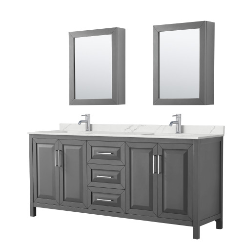 Wyndham Daria 80 Inch Double Bathroom Vanity in Dark Gray, Giotto Quartz Countertop, Undermount Square Sinks (1-Hole), Polished Chrome Trim, Medicine Cabinets - WCV252580DKGGTUNSMED