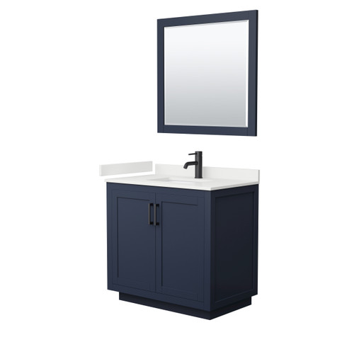 Wyndham Miranda 36 Inch Single Bathroom Vanity in Dark Blue, White Quartz Countertop, Undermount Square Sink (1-Hole), Matte Black Trim, 34 Inch Mirror - WCF292936SBBWQUNSM34