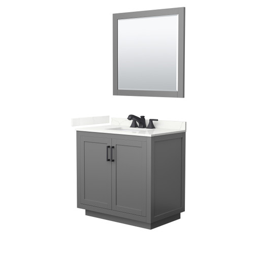Wyndham Miranda 36 Inch Single Bathroom Vanity in Dark Gray, Giotto Quartz Countertop, Undermount Square Sink (3-Hole), Matte Black Trim, 34 Inch Mirror - WCF292936SGBGTUS3M34