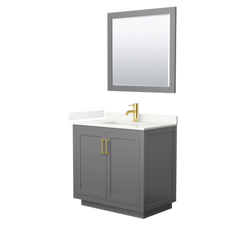 Wyndham Miranda 36 Inch Single Bathroom Vanity in Dark Gray, Giotto Quartz Countertop, Undermount Square Sink (1-Hole), Brushed Gold Trim, 34 Inch Mirror - WCF292936SGGGTUNSM34