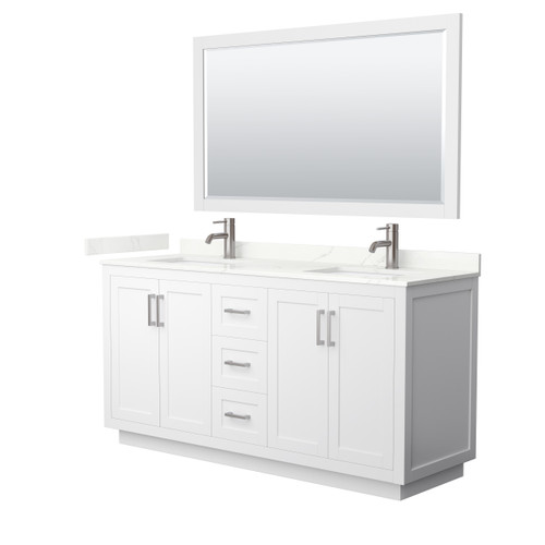 Wyndham Miranda 66 Inch Double Bathroom Vanity in White, Giotto Quartz Countertop, Undermount Square Sinks (1-Hole), Brushed Nickel Trim, 58 Inch Mirror - WCF292966DWHGTUNSM58
