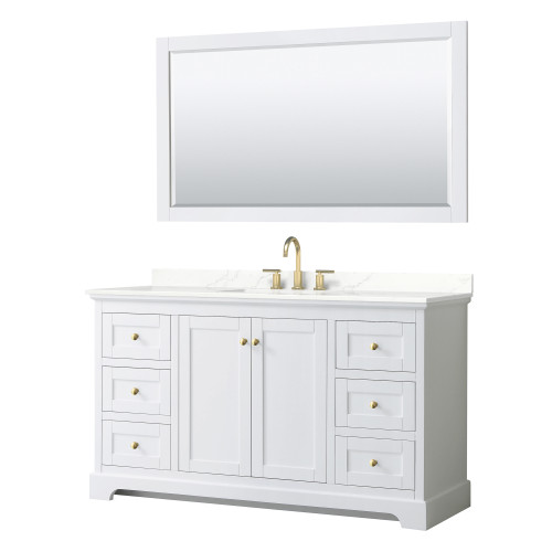 Wyndham Avery 60 Inch Single Bathroom Vanity in White, Giotto Quartz Countertop, Undermount Square Sink (3-Hole), Brushed Gold Trim, 58 Inch Mirror - WCV232360SWGGTUS3M58 Wyndham Avery 60 Inch Single Bathroom Vanity in White, Giotto Quartz Countertop, Undermount Square Sink (3-Hole), Brushed Gold Trim, 58 Inch Mirror - WCV232360SWGGTUS3M58