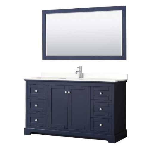 Wyndham Avery 60 Inch Single Bathroom Vanity in Dark Blue, White Quartz Countertop, Undermount Square Sink (1-Hole), Polished Chrome Trim, 58 Inch Mirror - WCV232360SBCWQUNSM58