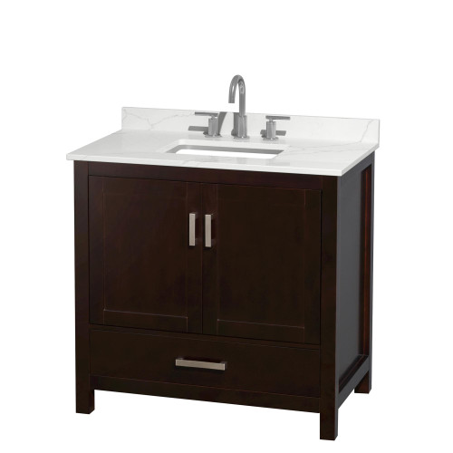 Wyndham Sheffield 36 Inch Single Bathroom Vanity in Espresso, Giotto Quartz Countertop, Undermount Square Sink (3-Hole), Brushed Chrome Trim - WCS141436SESGTUS3MXX Wyndham Sheffield 36 Inch Single Bathroom Vanity in Espresso, Giotto Quartz Countertop, Undermount Square Sink (3-Hole), Brushed Chrome Trim - WCS141436SESGTUS3MXX
