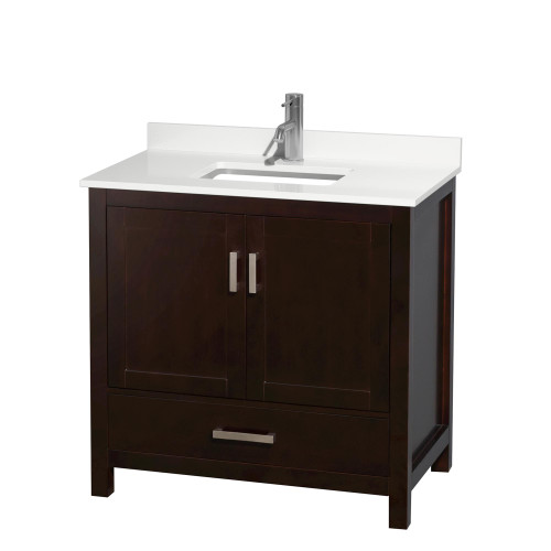 Wyndham Sheffield 36 Inch Single Bathroom Vanity in Espresso, White Quartz Countertop, Undermount Square Sink (1-Hole), Brushed Chrome Trim - WCS141436SESWQUNSMXX