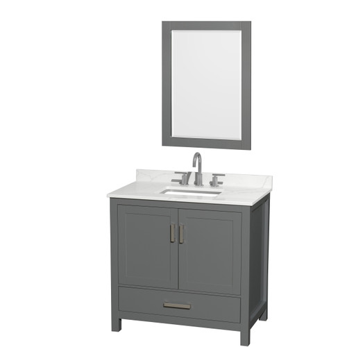 Wyndham Sheffield 36 Inch Single Bathroom Vanity in Dark Gray, Giotto Quartz Countertop, Undermount Square Sink (3-Hole), Brushed Chrome Trim, 24 Inch Mirror - WCS141436SKGGTUS3M24