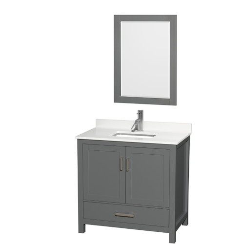 Wyndham Sheffield 36 Inch Single Bathroom Vanity in Dark Gray, White Quartz Countertop, Undermount Square Sink (1-Hole), Brushed Chrome Trim, 24 Inch Mirror - WCS141436SKGWQUNSM24