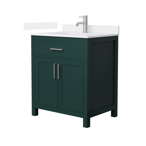 Wyndham Beckett 30 Inch Single Bathroom Vanity in Green, White Quartz Countertop, Undermount Square Sink (1-Hole), Brushed Nickel Trim - WCG242430SGEWQUNSMXX Wyndham Beckett 30 Inch Single Bathroom Vanity in Green, White Quartz Countertop, Undermount Square Sink (1-Hole), Brushed Nickel Trim - WCG242430SGEWQUNSMXX