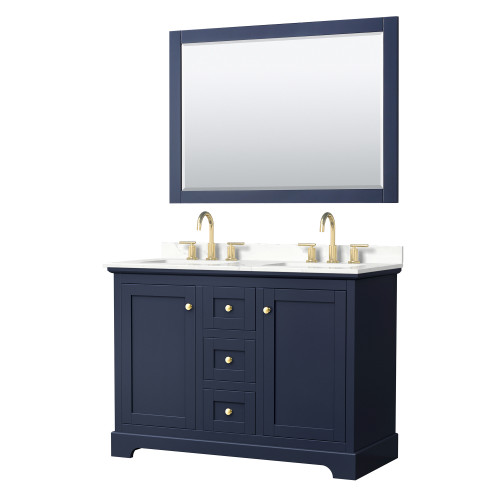 Wyndham Avery 48 Inch Double Bathroom Vanity in Dark Blue, Giotto Quartz Countertop, Undermount Square Sinks (3-Hole), Brushed Gold Trim, 46 Inch Mirror - WCV232348DBLGTUS3M46