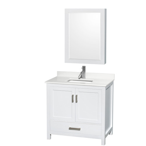 Wyndham Sheffield 36 Inch Single Bathroom Vanity in White, White Quartz Countertop, Undermount Square Sink (1-Hole), Brushed Chrome Trim, Medicine Cabinet - WCS141436SWHWQUNSMED