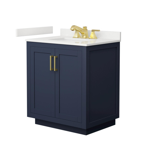 Wyndham Miranda 30 Inch Single Bathroom Vanity in Dark Blue, White Quartz Countertop, Undermount Square Sink (3-Hole), Brushed Gold Trim - WCF292930SBLWQUS3MXX Wyndham Miranda 30 Inch Single Bathroom Vanity in Dark Blue, White Quartz Countertop, Undermount Square Sink (3-Hole), Brushed Gold Trim - WCF292930SBLWQUS3MXX