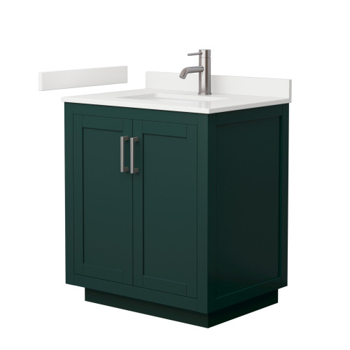Wyndham Miranda 30 Inch Single Bathroom Vanity in Green, White Quartz Countertop, Undermount Square Sink (1-Hole), Brushed Nickel Trim - WCF292930SGEWQUNSMXX Wyndham Miranda 30 Inch Single Bathroom Vanity in Green, White Quartz Countertop, Undermount Square Sink (1-Hole), Brushed Nickel Trim - WCF292930SGEWQUNSMXX