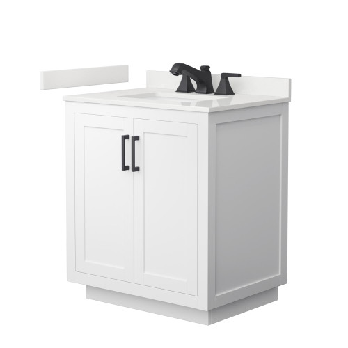 Wyndham Miranda 30 Inch Single Bathroom Vanity in White, White Quartz Countertop, Undermount Square Sink (3-Hole), Matte Black Trim - WCF292930SWBWQUS3MXX Wyndham Miranda 30 Inch Single Bathroom Vanity in White, White Quartz Countertop, Undermount Square Sink (3-Hole), Matte Black Trim - WCF292930SWBWQUS3MXX