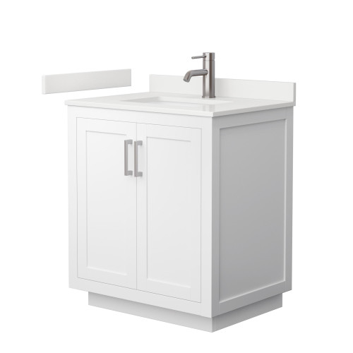 Wyndham Miranda 30 Inch Single Bathroom Vanity in White, White Quartz Countertop, Undermount Square Sink (1-Hole), Brushed Nickel Trim - WCF292930SWHWQUNSMXX Wyndham Miranda 30 Inch Single Bathroom Vanity in White, White Quartz Countertop, Undermount Square Sink (1-Hole), Brushed Nickel Trim - WCF292930SWHWQUNSMXX
