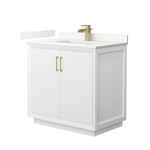Wyndham Strada 36 Inch Single Bathroom Vanity in White, Giotto Quartz Countertop, Undermount Square Sink (1-Hole), Satin Bronze Trim - WCF414136SWZGTUNSMXX