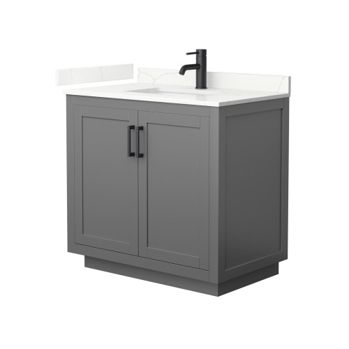 Wyndham Miranda 36 Inch Single Bathroom Vanity in Dark Gray, Giotto Quartz Countertop, Undermount Square Sink (1-Hole), Matte Black Trim - WCF292936SGBGTUNSMXX Wyndham Miranda 36 Inch Single Bathroom Vanity in Dark Gray, Giotto Quartz Countertop, Undermount Square Sink (1-Hole), Matte Black Trim - WCF292936SGBGTUNSMXX