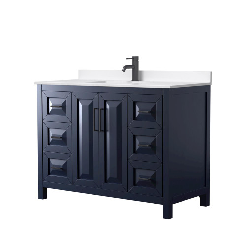 Wyndham Daria 48 Inch Single Bathroom Vanity in Dark Blue, White Quartz Countertop, Undermount Square Sink (1-Hole), Matte Black Trim - WCV252548SBBWQUNSMXX
