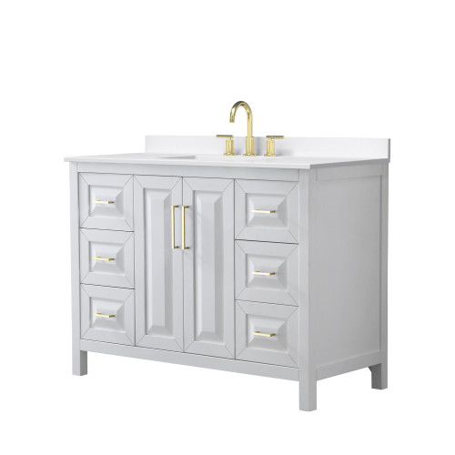 Wyndham Daria 48 Inch Single Bathroom Vanity in White, White Quartz Countertop, Undermount Square Sink (3-Hole), Brushed Gold Trim - WCV252548SWGWQUS3MXX