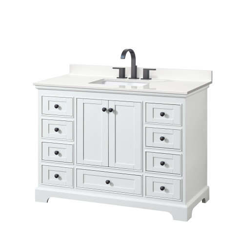 Wyndham Deborah 48 Inch Single Bathroom Vanity in White, White Quartz Countertop, Undermount Square Sink (3-Hole), Matte Black Trim - WCS202048SWBWQUS3MXX Wyndham Deborah 48 Inch Single Bathroom Vanity in White, White Quartz Countertop, Undermount Square Sink (3-Hole), Matte Black Trim - WCS202048SWBWQUS3MXX