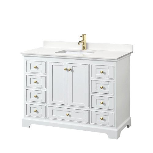 Wyndham Deborah 48 Inch Single Bathroom Vanity in White, White Quartz Countertop, Undermount Square Sink (1-Hole), Brushed Gold Trim - WCS202048SWGWQUNSMXX
