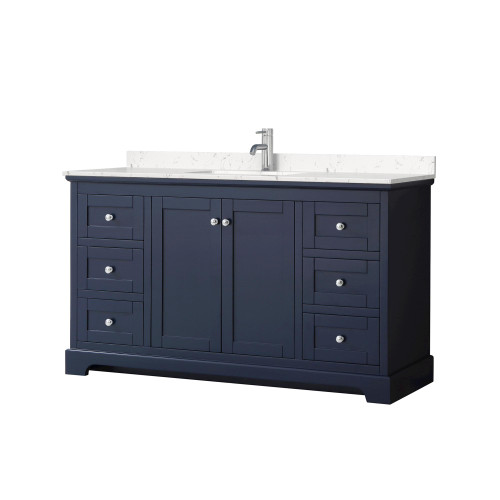 Wyndham Avery 60 Inch Single Bathroom Vanity in Dark Blue, Carrara Cultured Marble Countertop, Undermount Square Sink, Polished Chrome Trim - WCV232360SBCC2UNSMXX