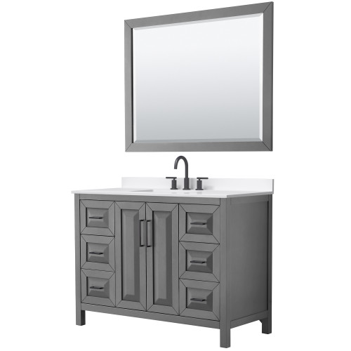 Wyndham Daria 48 Inch Single Bathroom Vanity in Dark Gray, White Quartz Countertop, Undermount Square Sink (3-Hole), Matte Black Trim, 46 Inch Mirror - WCV252548SGBWQUS3M46