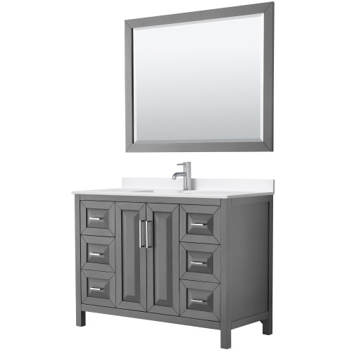 Wyndham Daria 48 Inch Single Bathroom Vanity in Dark Gray, White Quartz Countertop, Undermount Square Sink (1-Hole), Polished Chrome Trim, 46 Inch Mirror - WCV252548SKGWQUNSM46