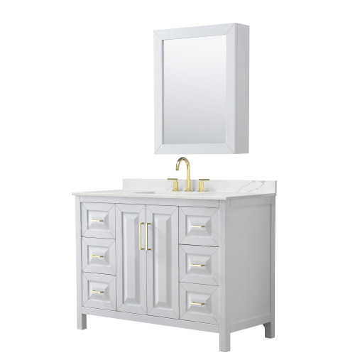 Wyndham Daria 48 Inch Single Bathroom Vanity in White, Giotto Quartz Countertop, Undermount Square Sink (3-Hole), Brushed Gold Trim, Medicine Cabinet - WCV252548SWGGTUS3MED Wyndham Daria 48 Inch Single Bathroom Vanity in White, Giotto Quartz Countertop, Undermount Square Sink (3-Hole), Brushed Gold Trim, Medicine Cabinet - WCV252548SWGGTUS3MED