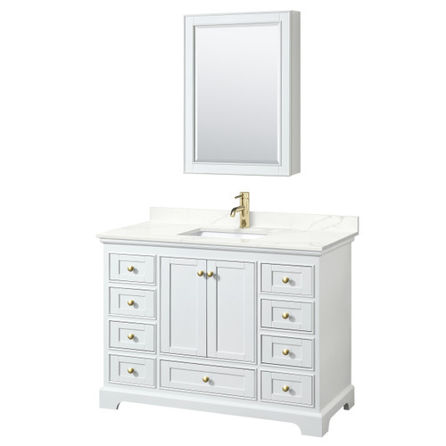 Wyndham Deborah 48 Inch Single Bathroom Vanity in White, Giotto Quartz Countertop, Undermount Square Sink (1-Hole), Brushed Gold Trim, Medicine Cabinet - WCS202048SWGGTUNSMED Wyndham Deborah 48 Inch Single Bathroom Vanity in White, Giotto Quartz Countertop, Undermount Square Sink (1-Hole), Brushed Gold Trim, Medicine Cabinet - WCS202048SWGGTUNSMED