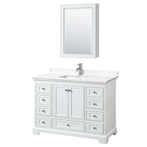 Wyndham Deborah 48 Inch Single Bathroom Vanity in White, White Quartz Countertop, Undermount Square Sink (1-Hole), Polished Chrome Trim, Medicine Cabinet - WCS202048SWHWQUNSMED Wyndham Deborah 48 Inch Single Bathroom Vanity in White, White Quartz Countertop, Undermount Square Sink (1-Hole), Polished Chrome Trim, Medicine Cabinet - WCS202048SWHWQUNSMED