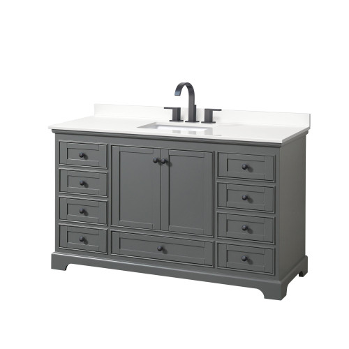 Wyndham Deborah 60 Inch Single Bathroom Vanity in Dark Gray, White Quartz Countertop, Undermount Square Sink (3-Hole), Matte Black Trim - WCS202060SGBWQUS3MXX Wyndham Deborah 60 Inch Single Bathroom Vanity in Dark Gray, White Quartz Countertop, Undermount Square Sink (3-Hole), Matte Black Trim - WCS202060SGBWQUS3MXX