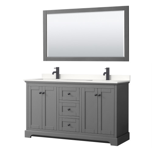 Wyndham Avery 60 Inch Double Bathroom Vanity in Dark Gray, White Quartz Countertop, Undermount Square Sinks (1-Hole), Matte Black Trim, 58 Inch Mirror - WCV232360DGBWQUNSM58