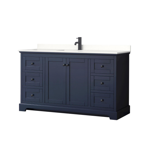 Wyndham Avery 60 Inch Single Bathroom Vanity in Dark Blue, White Quartz Countertop, Undermount Square Sink (1-Hole), Matte Black Trim - WCV232360SBBWQUNSMXX